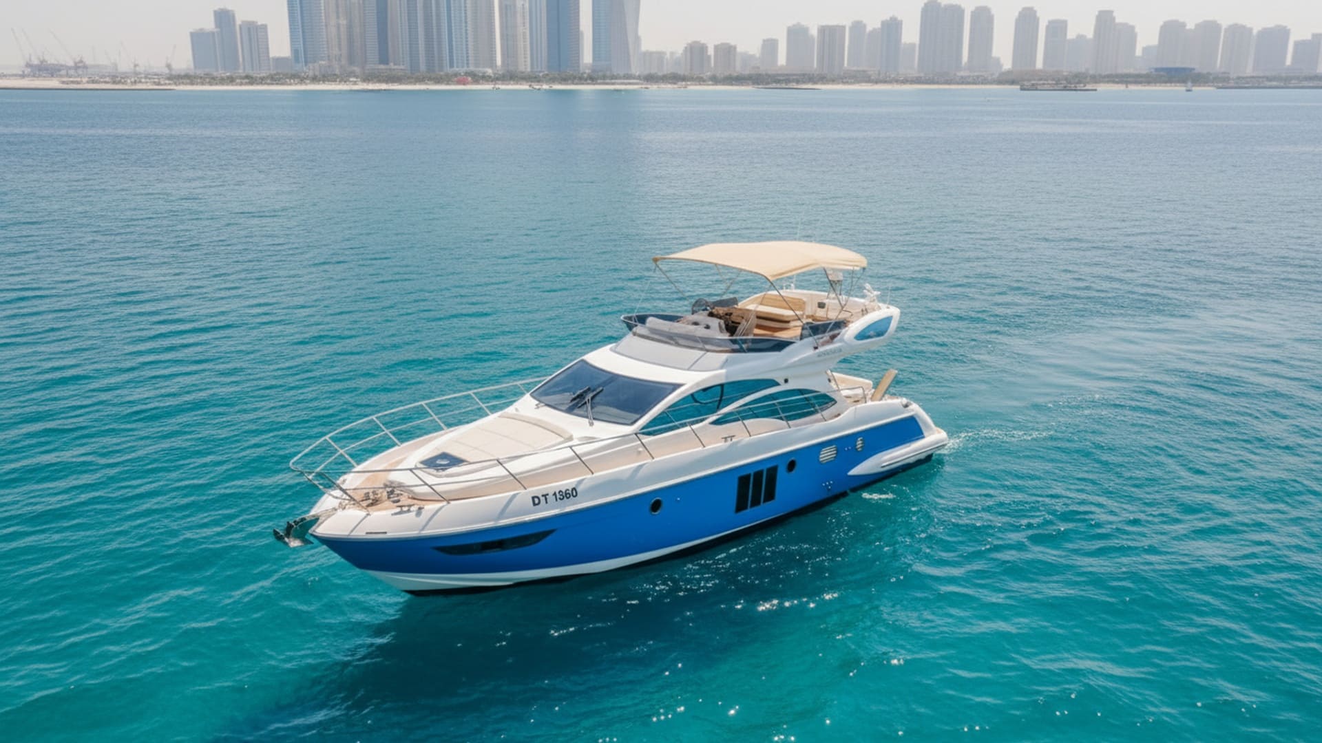 Aerial view of Grand Empress 48 ft yacht in Dubai Marina