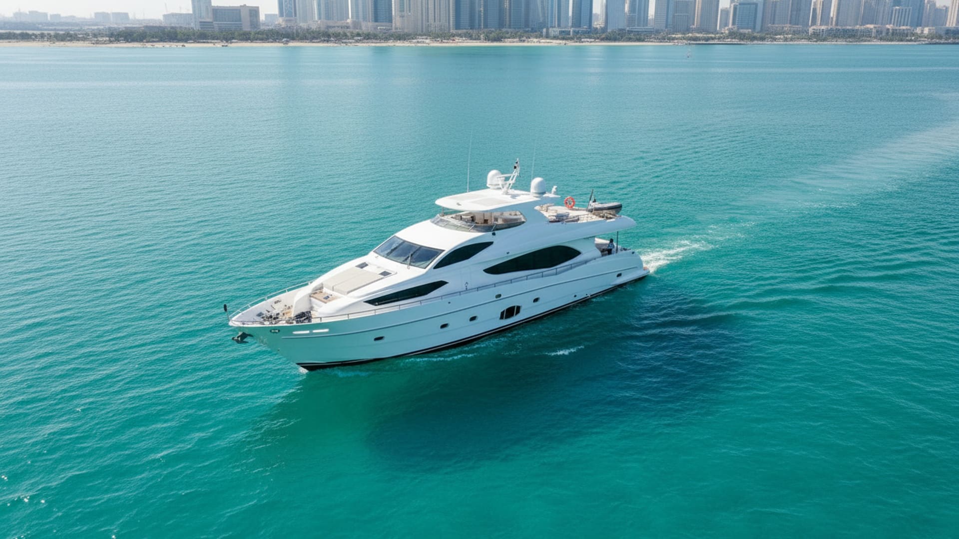 Aerial view of Ruby Queen 101 ft yacht cruising Dubai Marina