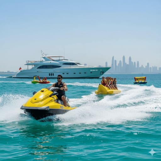 Luxury yacht watersports activities in Dubai: jet ski, diving.