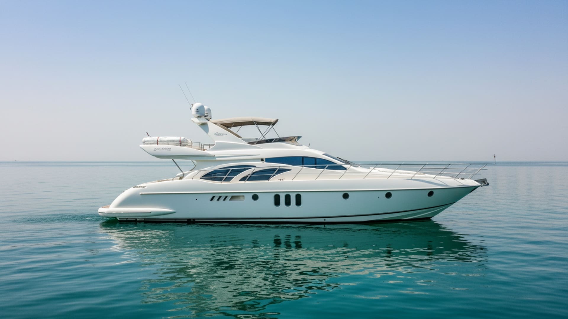 Sleek exterior of Sunset Storm 62 ft yacht cruising Dubai