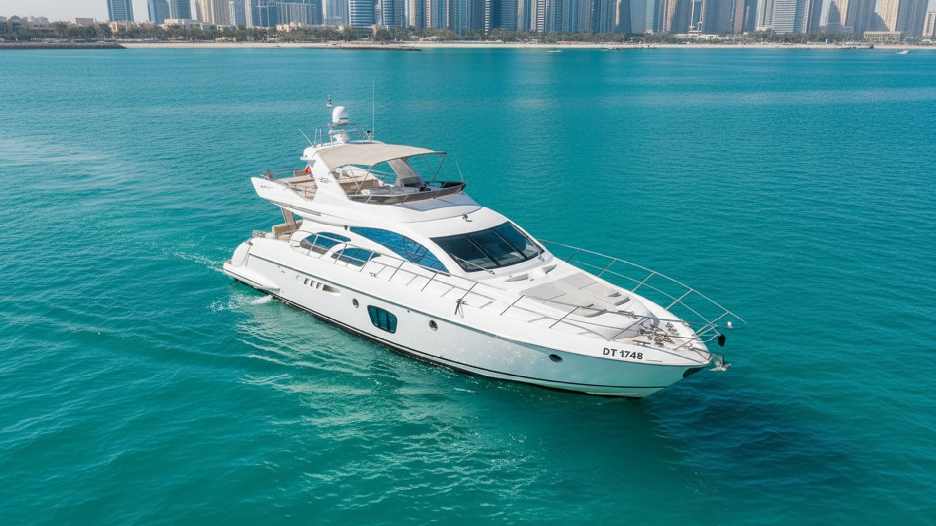 Aerial view of Moonlight Thunder 55 ft yacht, Dubai coastline
