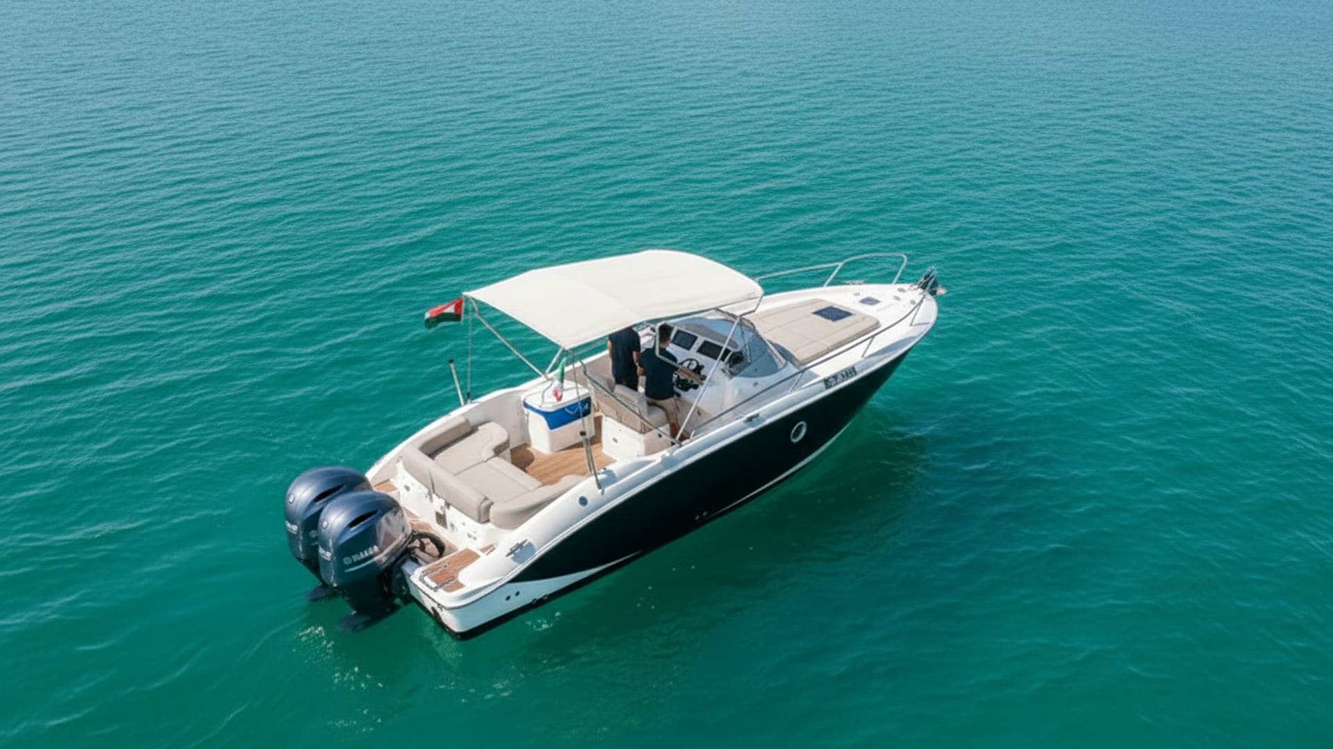 Aerial view of Horizon Storm 27 ft cruising Dubai Marina