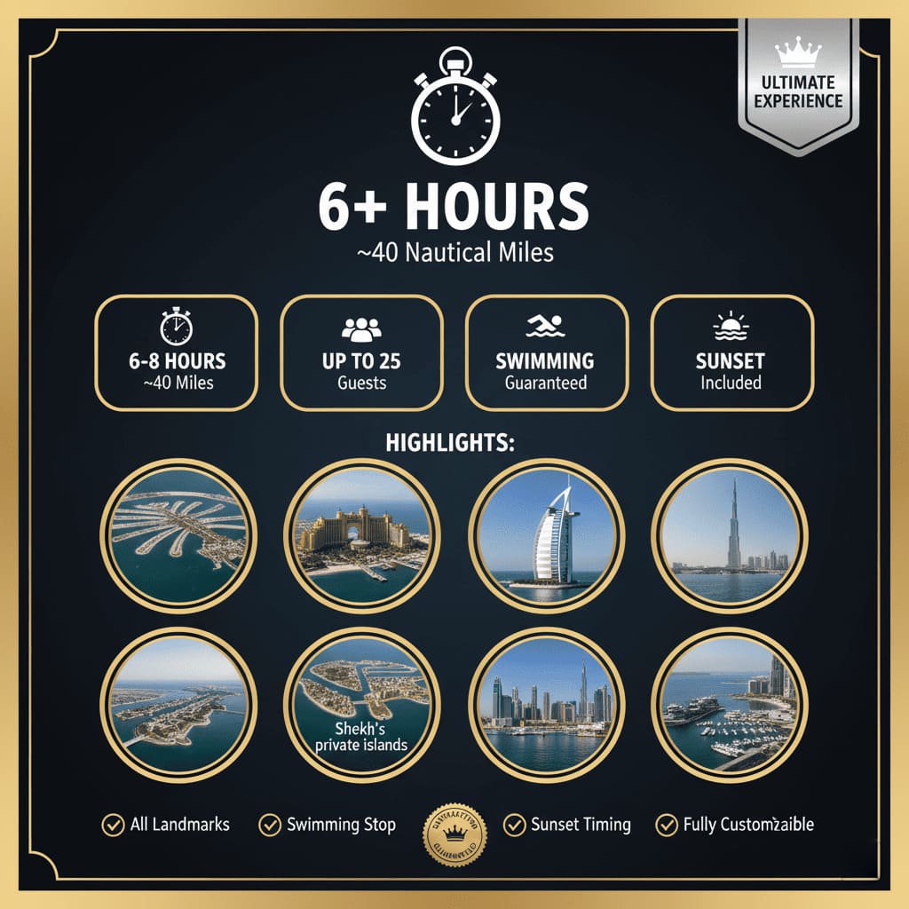 Comprehensive Dubai yacht tour route: full experience of all highlights.