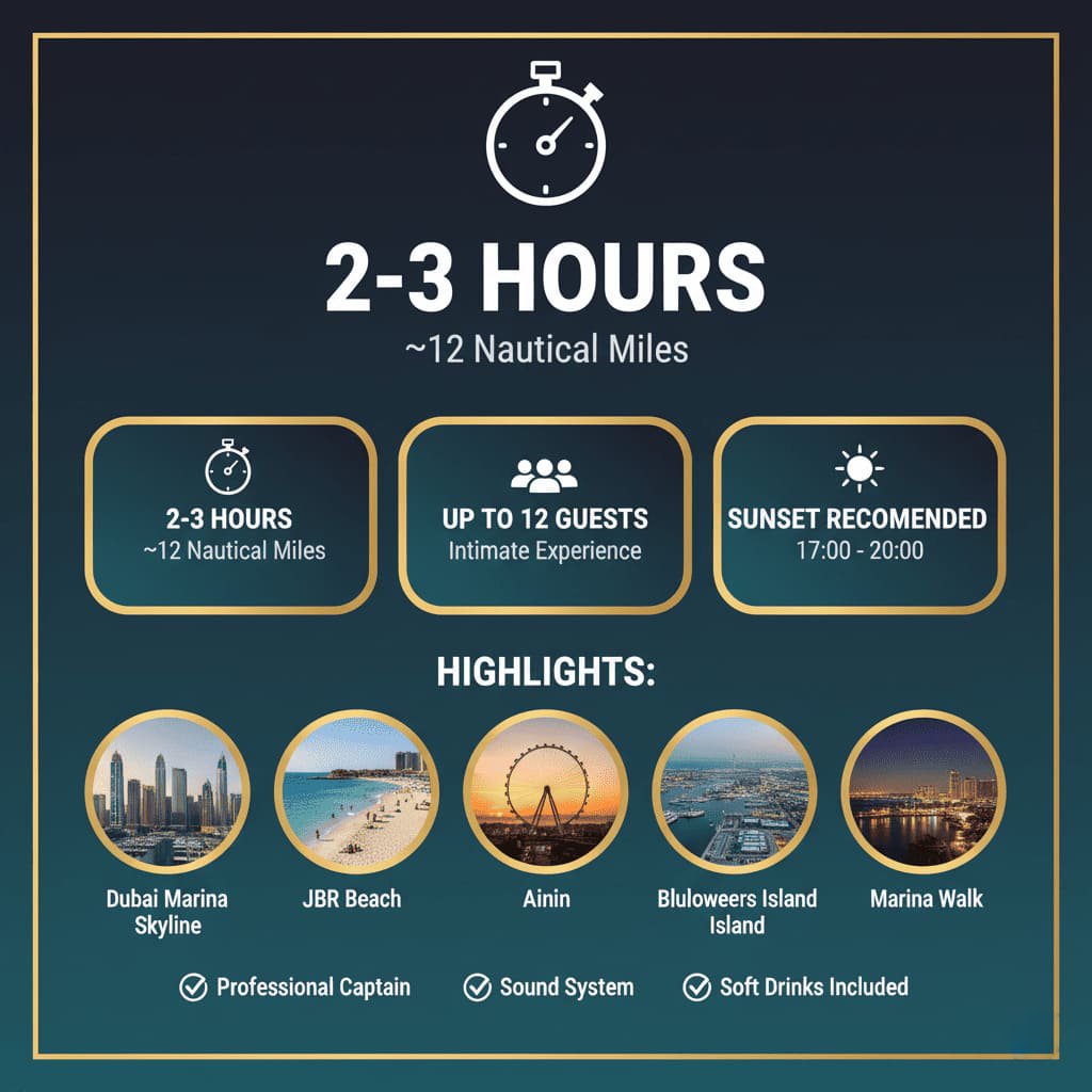 Dubai Marina JBR yacht tour route in Dubai.