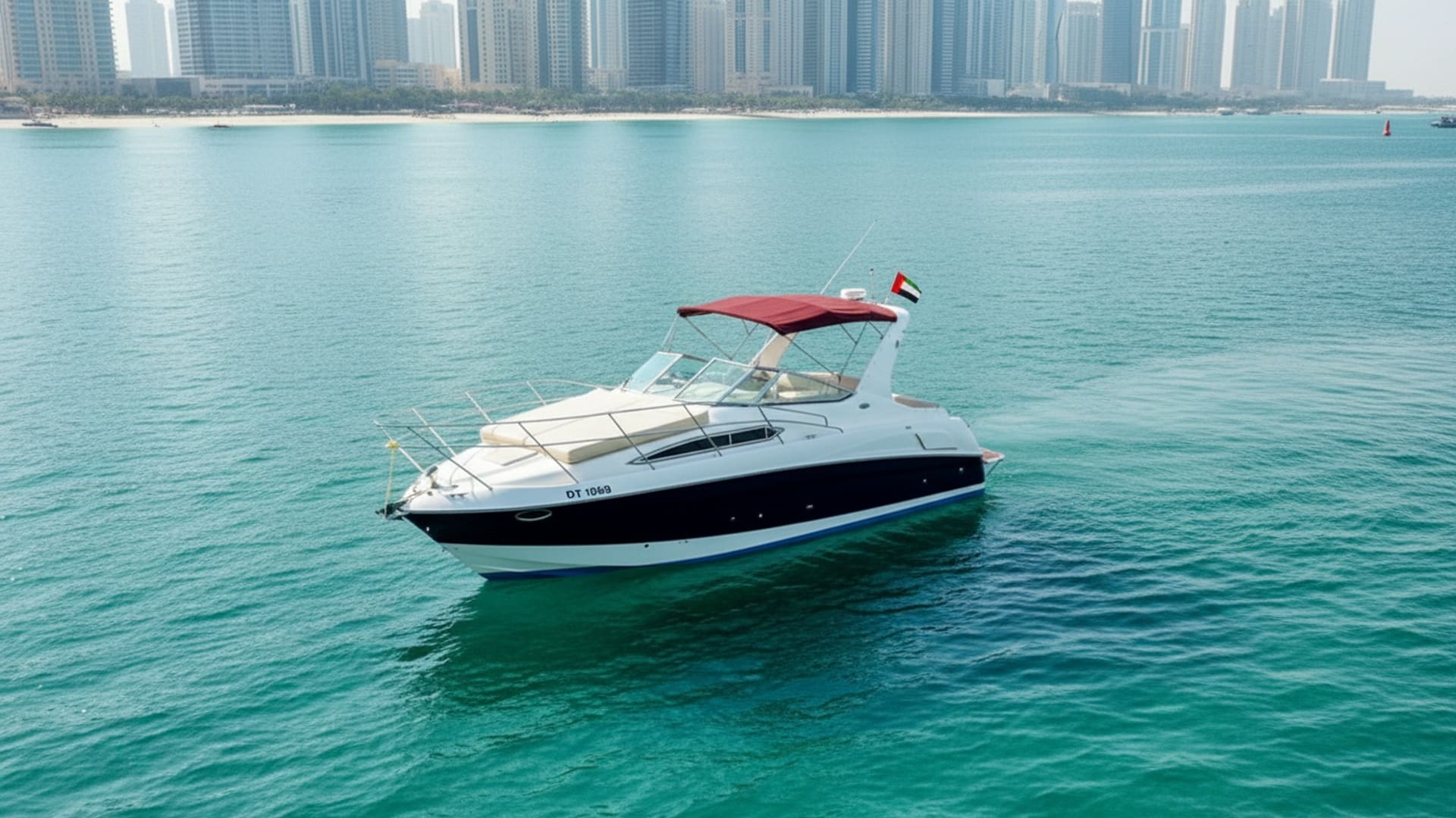 Aerial view of Paradise Lady 33 ft yacht, Dubai Marina