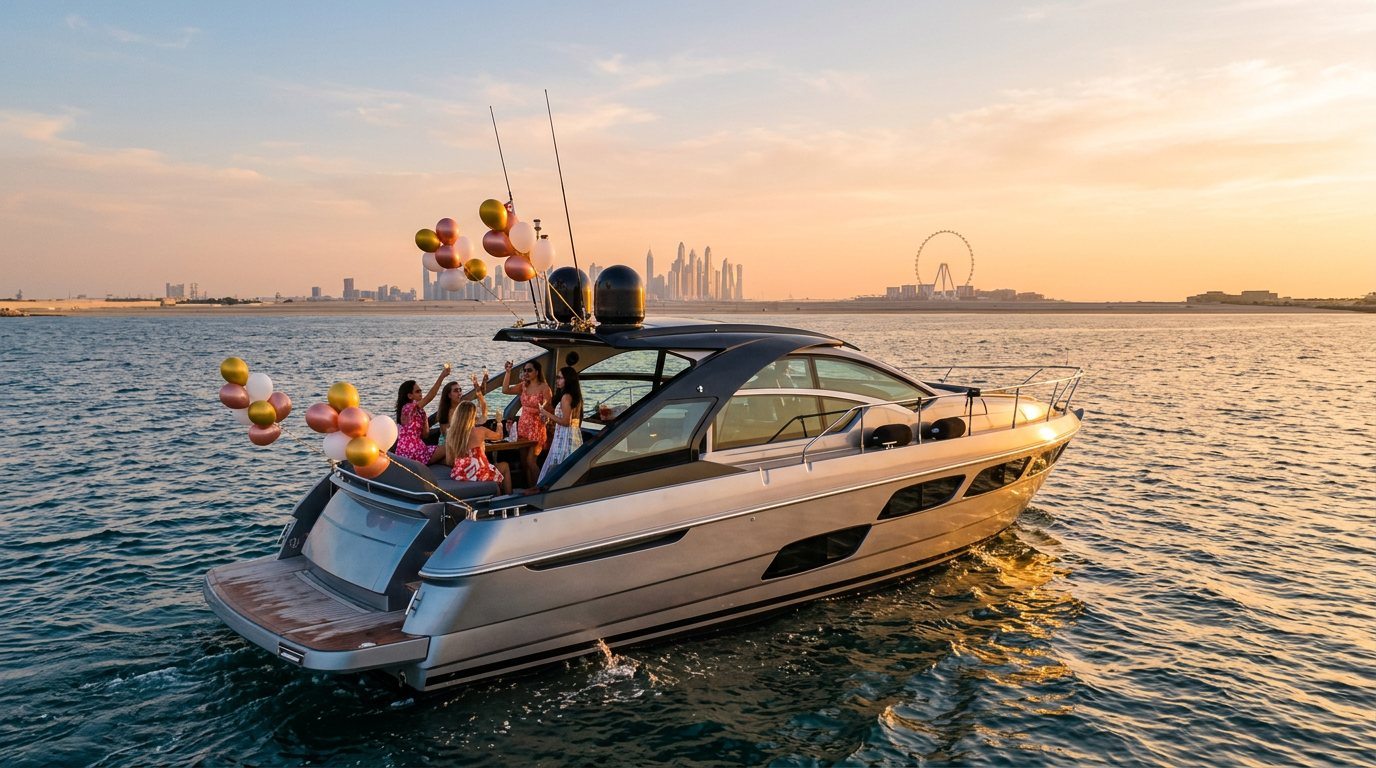 Decorated party yacht with balloons sailing against scenic evening Dubai coastline