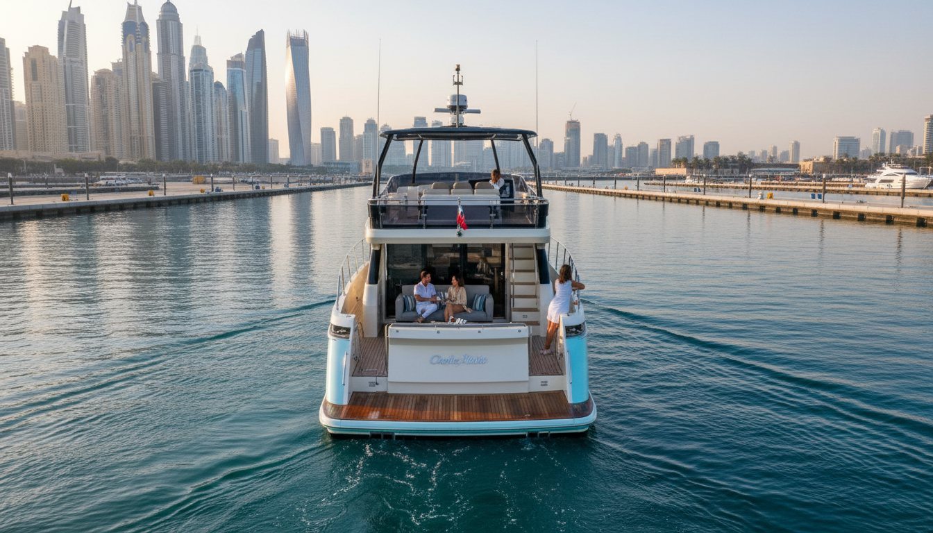 Вид с палубы яхты на стоянку катеров и высотки района Dubai Marina