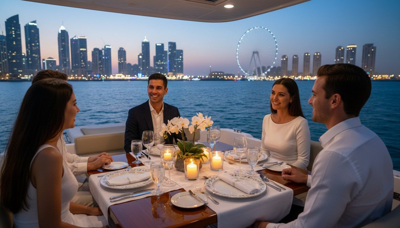 Elegant dinner table setting with candles on yacht deck in Dubai
