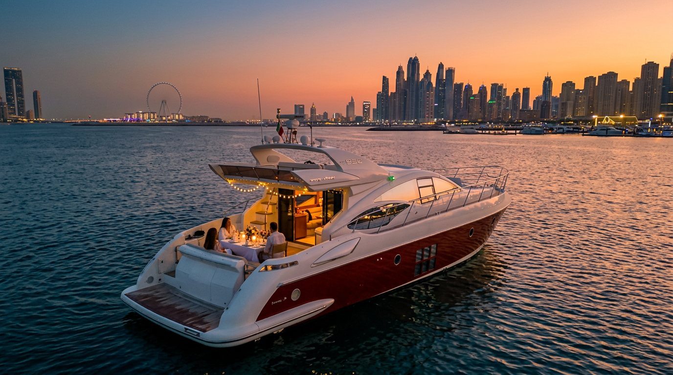 Evening dinner table on yacht deck with illuminated Dubai Marina skyline