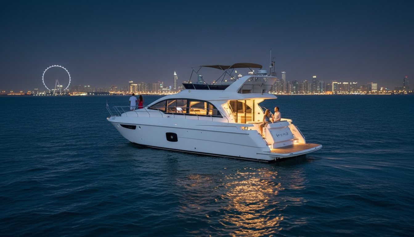 Motor yacht glowing at anchor against the illuminated night Dubai shoreline