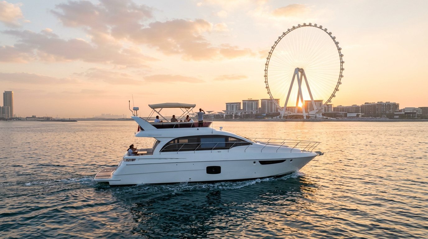 Motor yacht sailing past Dubai coastline across peaceful morning waters