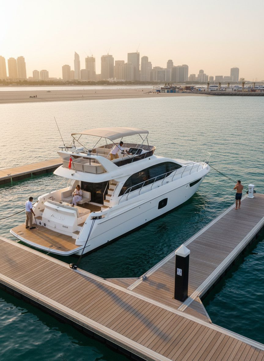 Overhead view of yacht crew working on a Dubai marina pier