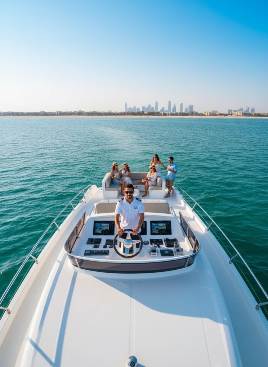 View from stern toward captain at helm cruising along sunny Dubai