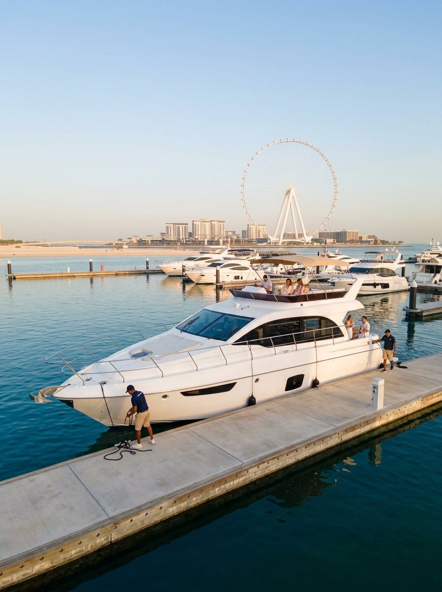 Yacht crew standing on a Dubai marina pier in the early morning